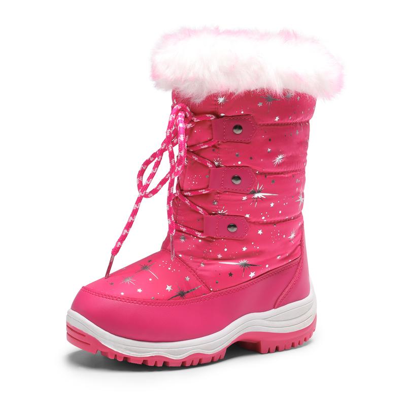 Dream Pairs Girls' Round Toe Mid-Calf Snow Boots - Water-Resistant Upper, Cozy Faux Fur Lining, Side Zipper, Laces, Warm, 9" Around, No Heel, High-Quality Fluff, for Outdoor Skiing, Making Snowmen, Size for 12-13 Years