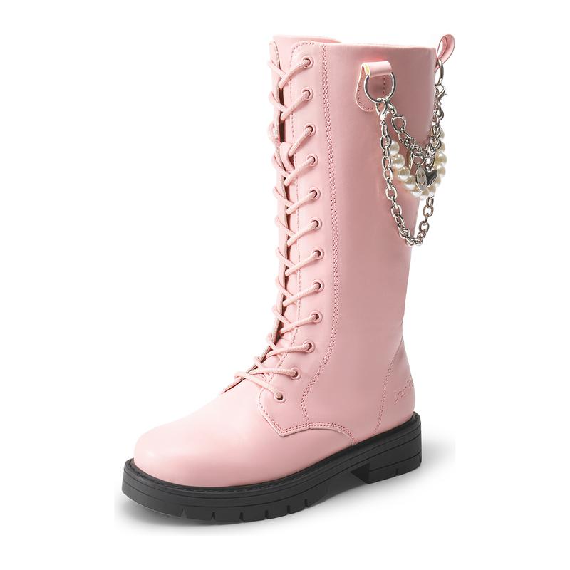 Dream Pairs Girls' PU Leather Synthetic High Back Knee-High Riding Boots - Side Zipper, Adjustable Laces, Swap Pearl or Smiley Interchangeable Charms, Round Toe, Charm Chain, Flexes for Walking, Easy to Clean, Size 7-8Y