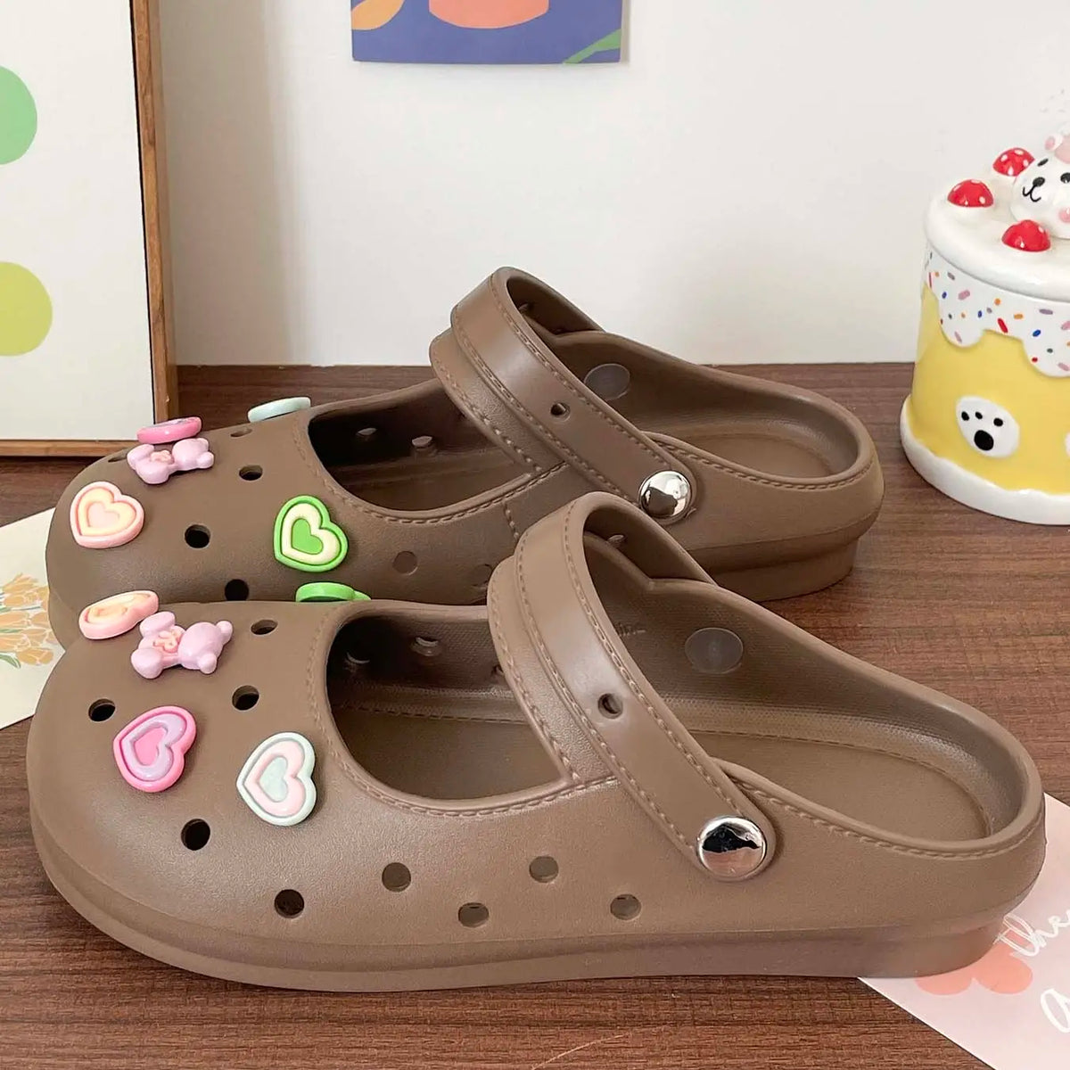 Cute Cartoon Mary Jane Shoes, Floral Decoration Garden Sandals, Soft Eva Sole, Indoor Outdoor Summer Slippers, Girl's Fashion Footwear