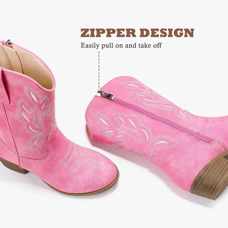 Girls' Mid-Calf Pointed Toe Synthetic Cowgirl Boots - 1 Pair, Side Zipper, Classic Stitch Detail Art Western Boho Footwear Boot, for Toddler Kids, Horse Riding & Party Use (Pairs with Jeans)
