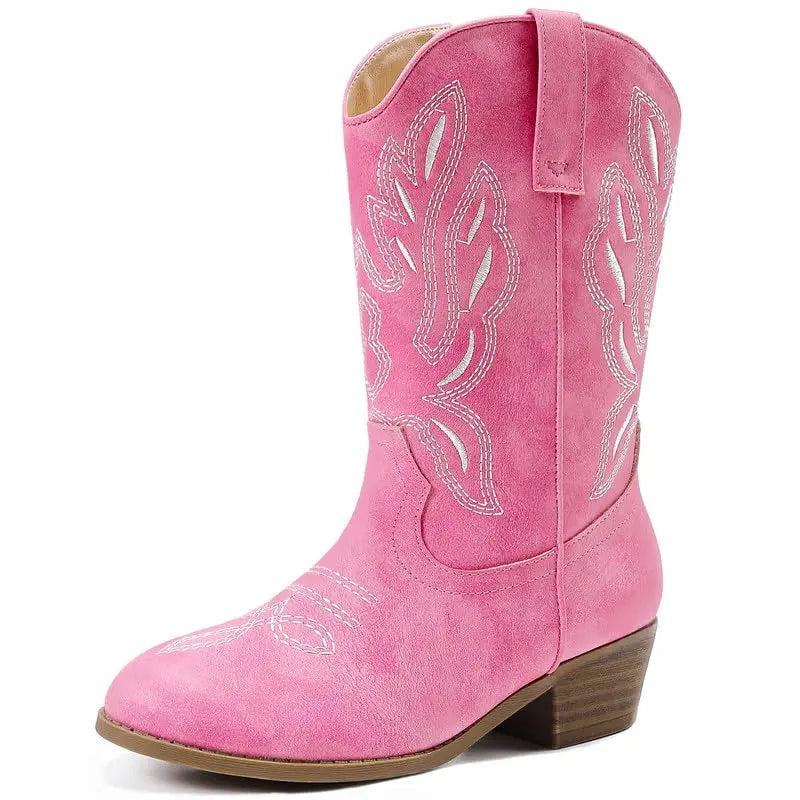 Girls' Mid-Calf Pointed Toe Synthetic Cowgirl Boots - 1 Pair, Side Zipper, Classic Stitch Detail Art Western Boho Footwear Boot, for Toddler Kids, Horse Riding & Party Use (Pairs with Jeans)