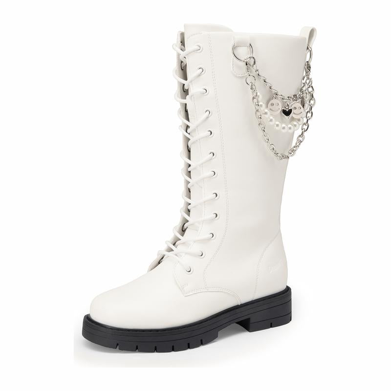 Dream Pairs Girls' PU Leather Synthetic High Back Knee-High Riding Boots - Side Zipper, Adjustable Laces, Swap Pearl or Smiley Interchangeable Charms, Round Toe, Charm Chain, Flexes for Walking, Easy to Clean, Size 7-8Y
