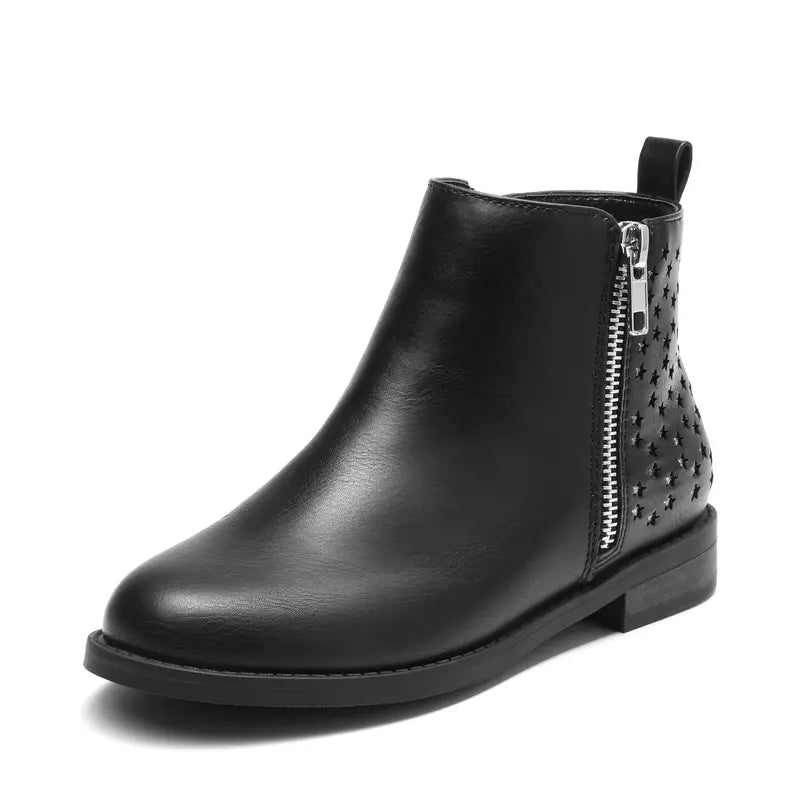 Dream Pairs Girls' 10-11 Yrs Footwear Boot, Round Toe PU Leather Ankle Boot with Star Cutouts, Side Zipper for Quick On-Off, Padded Synthetic Design, Autumn Kids' Fashion, Fits Little Feet, Pairs with Jeans & Tees, Side Zipper, Quick On-Off
