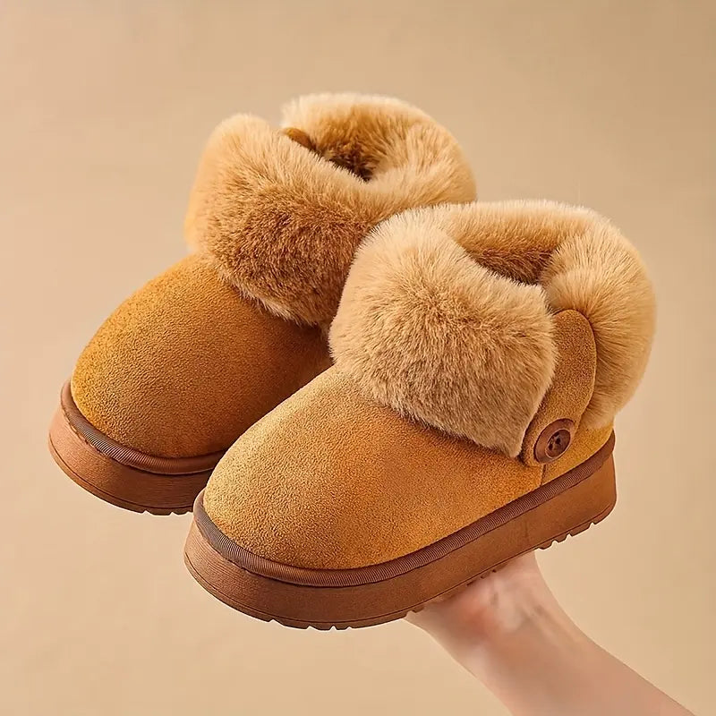 2025 New ' Winter Boots with Plush -Like Collar & Thickened Fleece - Slip-On/Snap Closure Mid-Calf Snow Shoes for Boys & Girls, Warm Indoor/Outdoor Use, Beige Brown (No Edges, Easy On/Off)