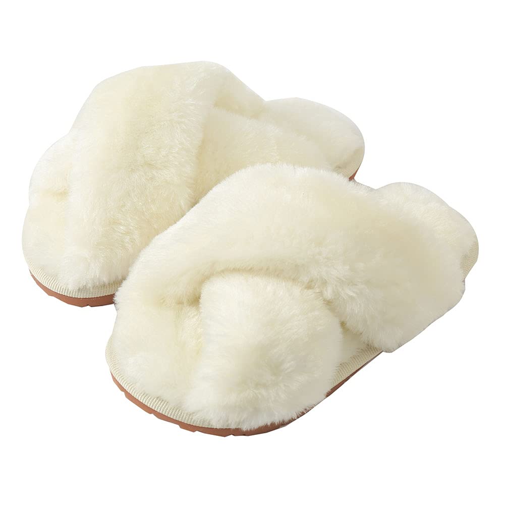 Girls Fluffy Cute Fuzzy Slippers, Open Toe Cross Band