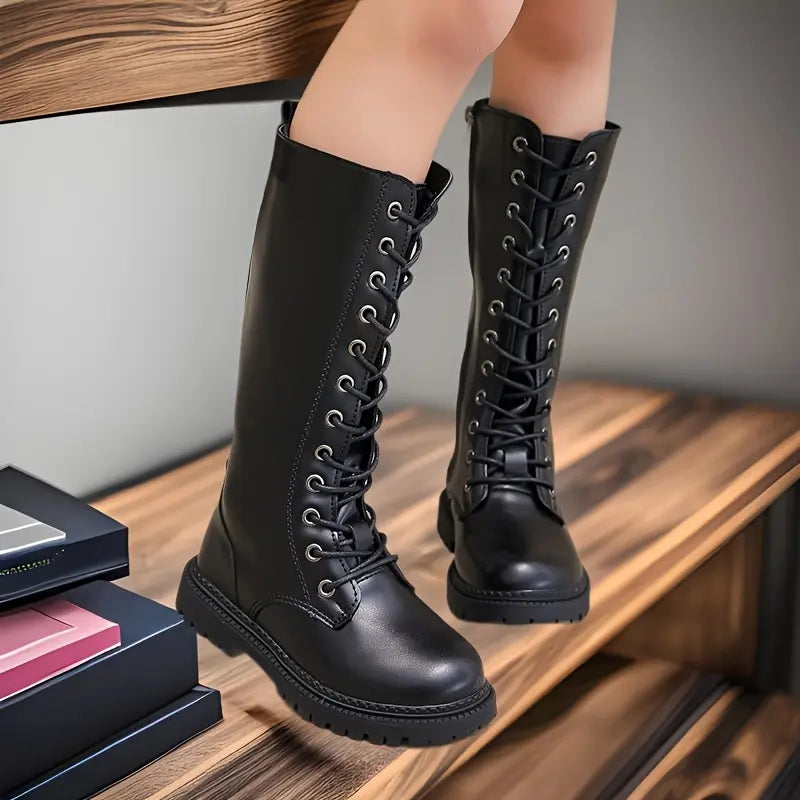 Girls' Autumn Winter Zipper High-Top Boots - Knee-Length Round Toe Boots with Contrast Stitching, Brown & Black Casual & Formal Footwear, Cowgirl Boots, Stylish Outerwear Footwear, Durable Rubber Sole