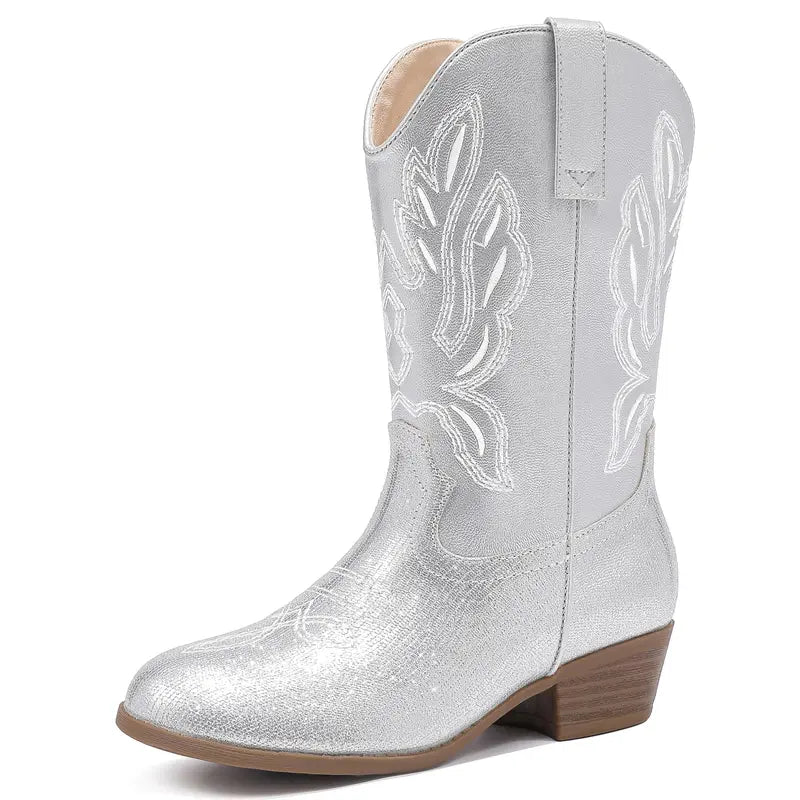 Girls' Mid-Calf Pointed Toe Synthetic Cowgirl Boots - 1 Pair, Side Zipper, Classic Stitch Detail Art Western Boho Footwear Boot, for Toddler Kids, Horse Riding & Party Use (Pairs with Jeans)