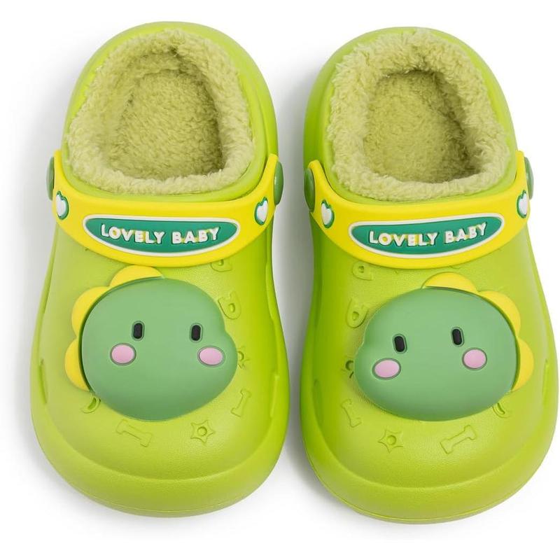 Girls' Chic Fur-Lined Clogs - Cartoon Animal Dinosaur Pattern, Flat Heel (1cm or Less), Lightweight Non-Slip Slip-On Toddler Little Kid Shoes, Warm Indoor-Outdoor Footwear (Check Foot Length for Size 7 Toddler/11 Little Kid), Cartoon Animal Elements