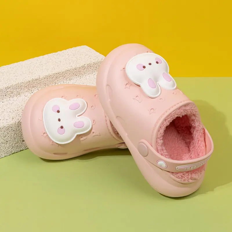 Girls' Chic Fur-Lined Clogs - Cartoon Animal Dinosaur Pattern, Flat Heel (1cm or Less), Lightweight Non-Slip Slip-On Toddler Little Kid Shoes, Warm Indoor-Outdoor Footwear (Check Foot Length for Size 7 Toddler/11 Little Kid), Cartoon Animal Elements