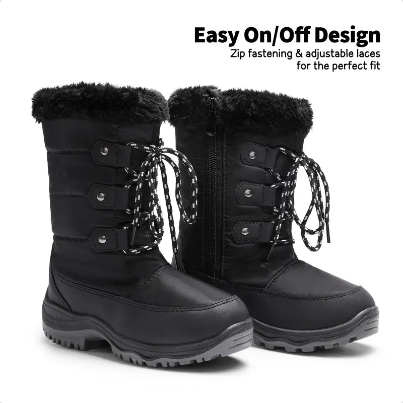 Dream Pairs Girls' Round Toe Mid-Calf Snow Boots - Water-Resistant Upper, Cozy Faux Fur Lining, Side Zipper, Laces, Warm, 9" Around, No Heel, High-Quality Fluff, for Outdoor Skiing, Making Snowmen, Size for 12-13 Years