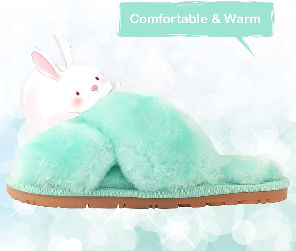 Girls Fluffy Cute Fuzzy Slippers, Open Toe Cross Band