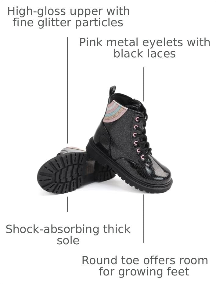 Girls Black Glitter Combat Ankle Boots with Zippers & Laces