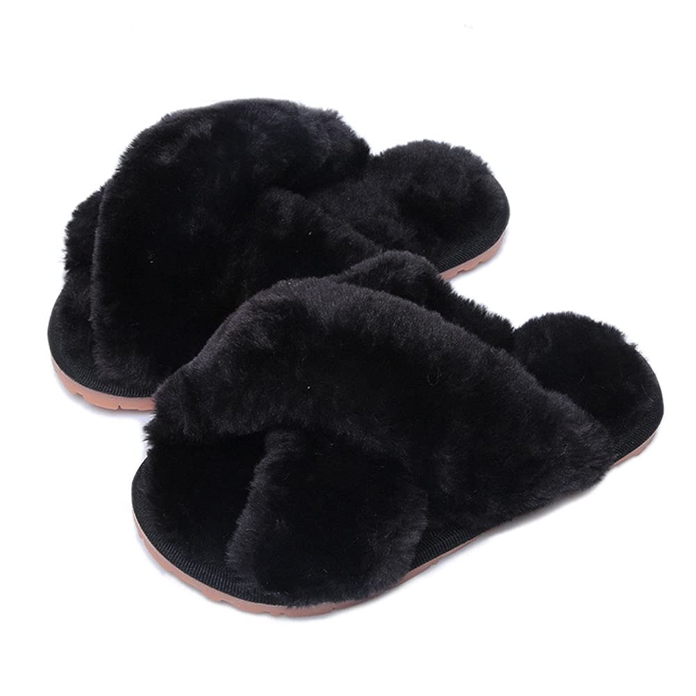 Girls Fluffy Cute Fuzzy Slippers, Open Toe Cross Band
