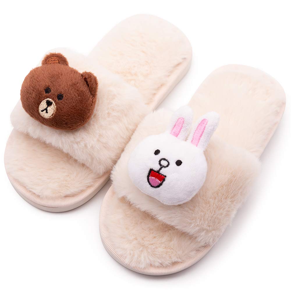 techcity Boys Girls Fuzzy House Slippers Cute Comfy Faux Fur Slip On Fluffy Plush Open Toe Home Slides for Kids Indoor Outdoor Warm Shoes