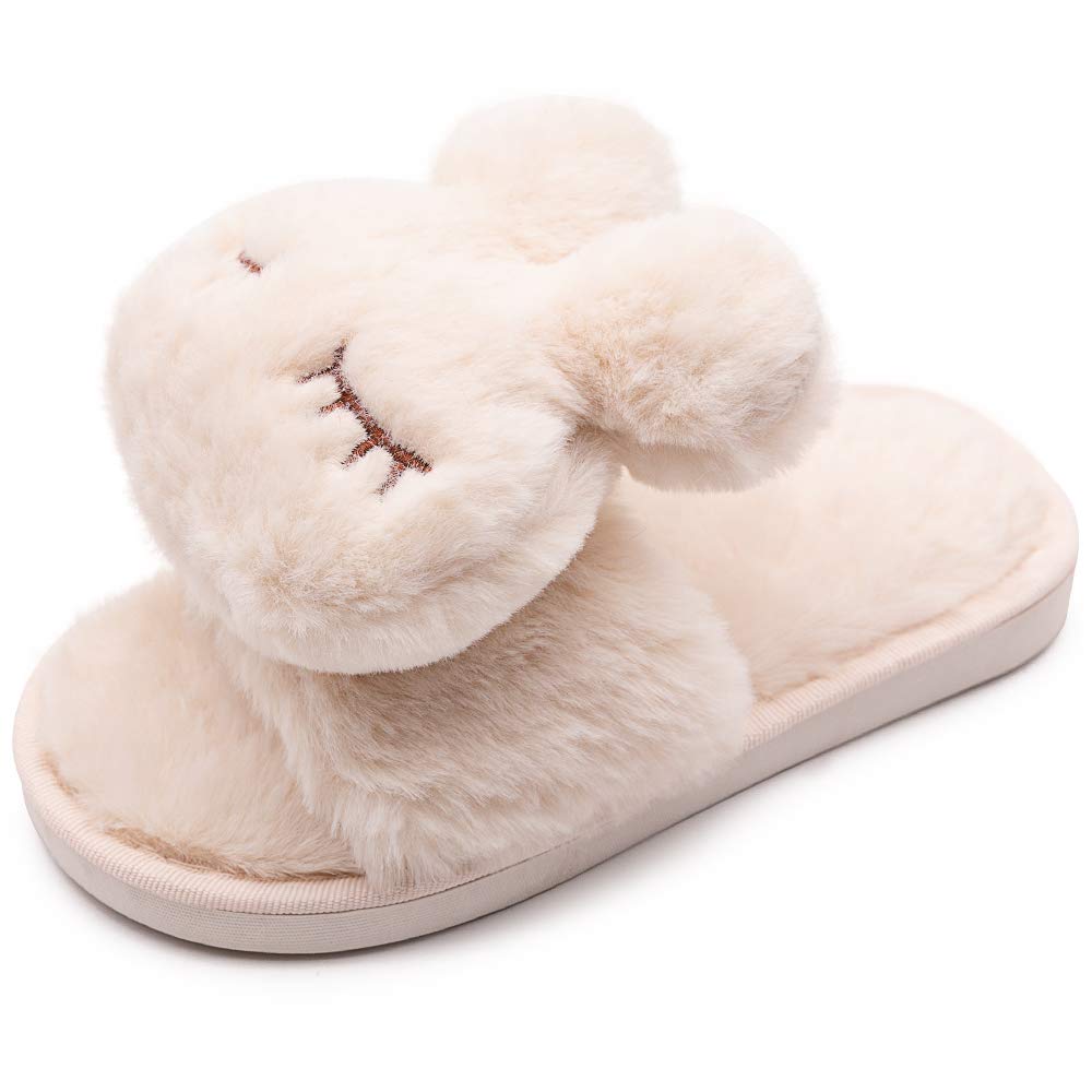 techcity Boys Girls Fuzzy House Slippers Cute Comfy Faux Fur Slip On Fluffy Plush Open Toe Home Slides for Kids Indoor Outdoor Warm Shoes