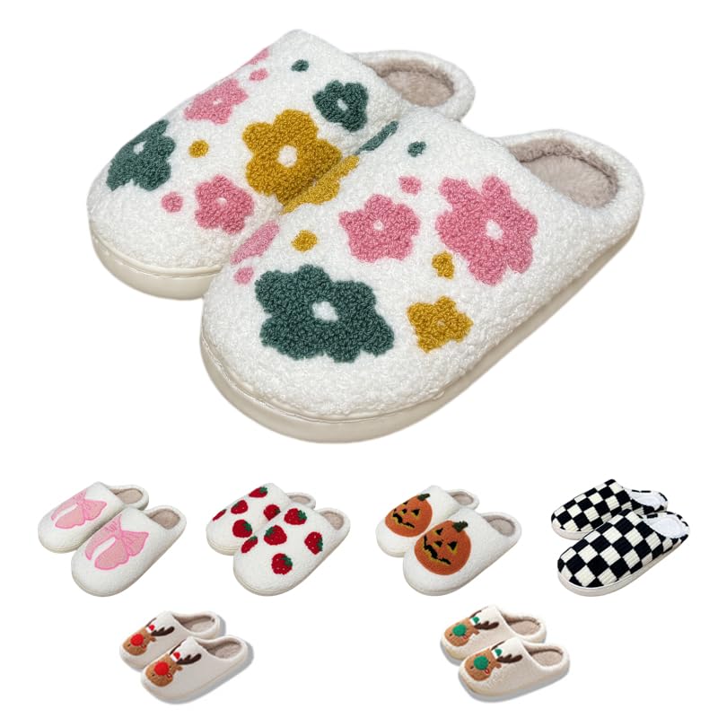 Retro Fuzzy Happy Face Slippers for Women Men, Cozy House Shoes