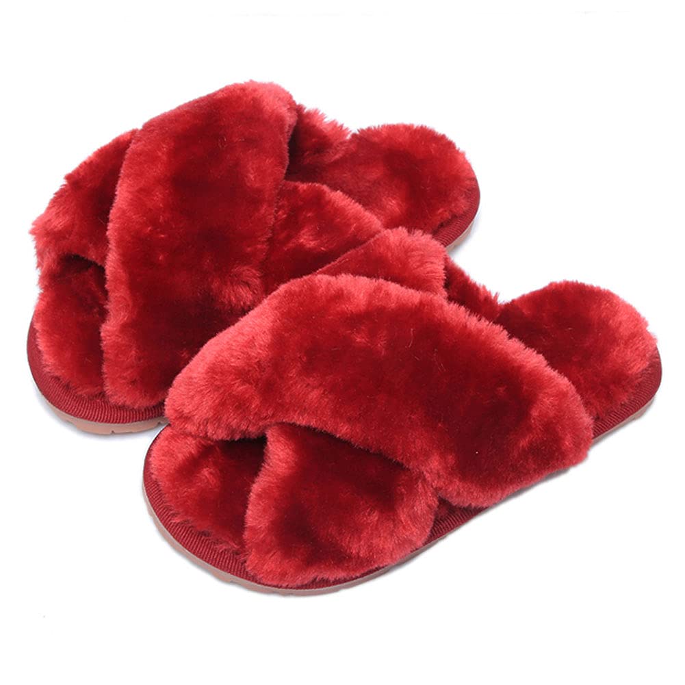 Girls Fluffy Cute Fuzzy Slippers, Open Toe Cross Band