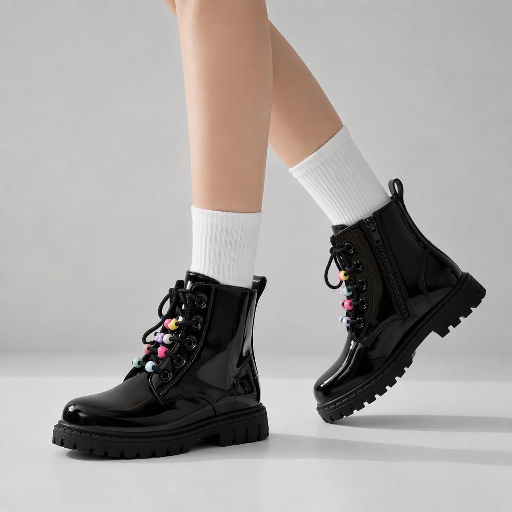 Combat Boots for Girls Lace Up Side Zipper Ankle Boots