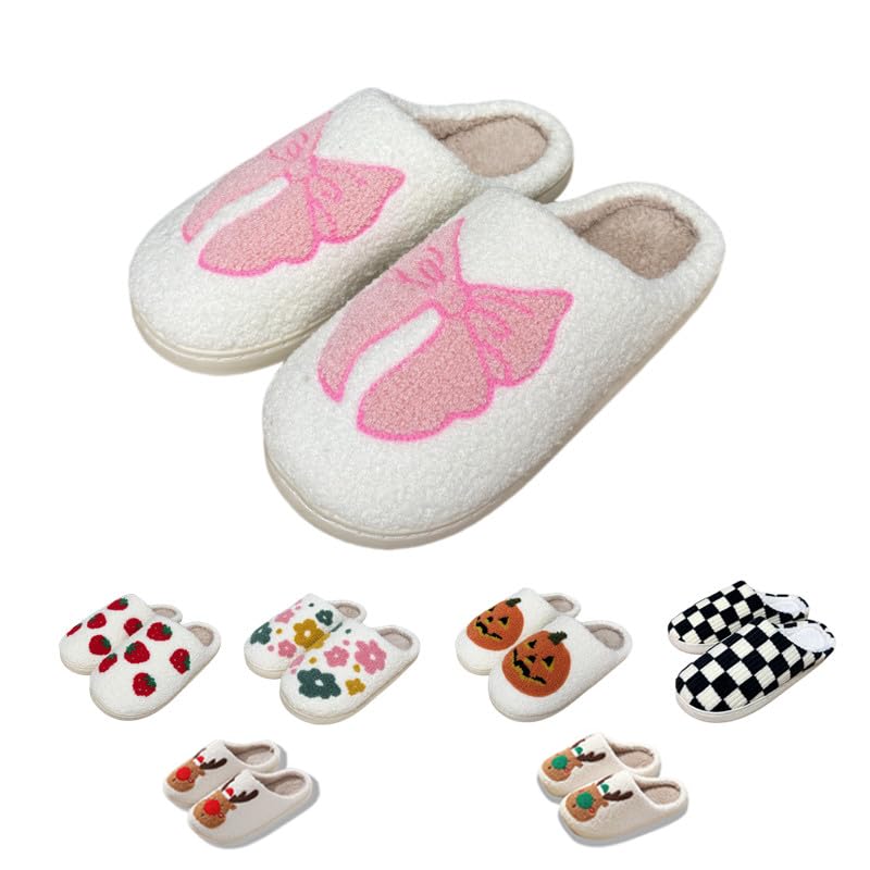 Retro Fuzzy Happy Face Slippers for Women Men, Cozy House Shoes