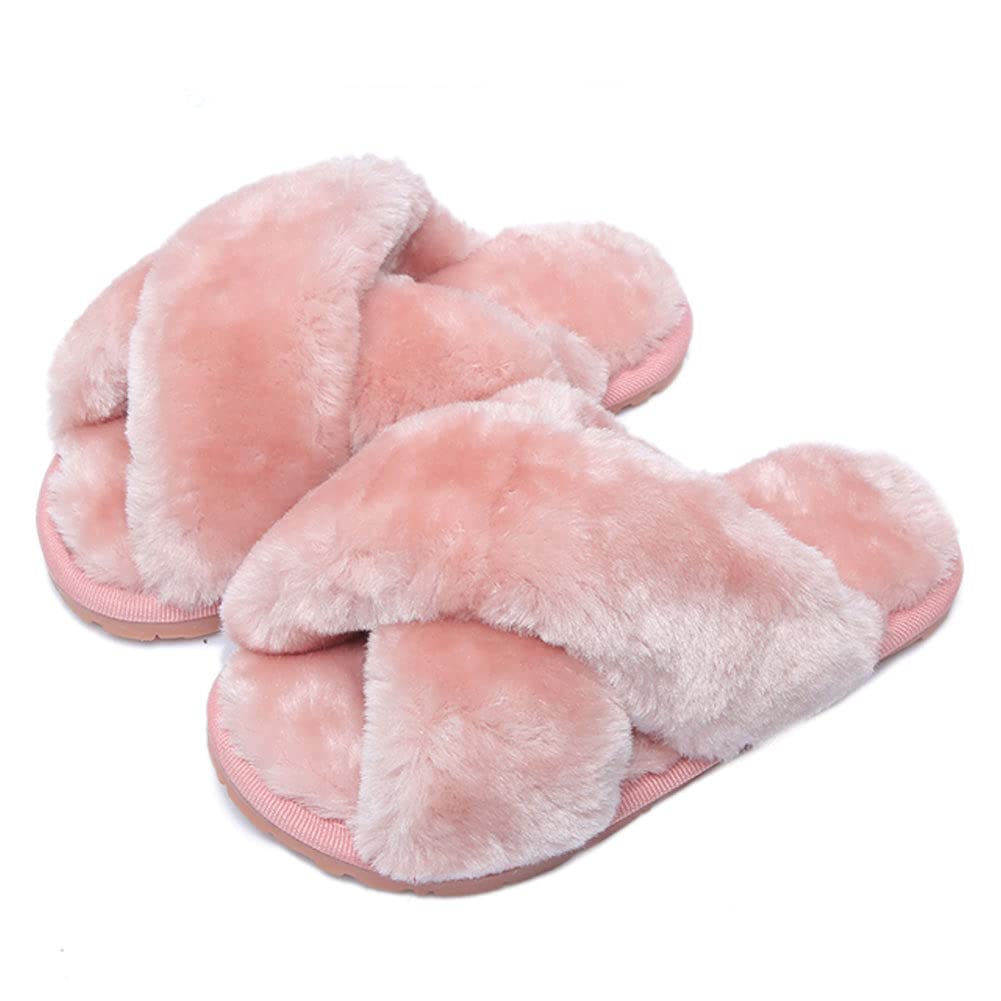 Girls Fluffy Cute Fuzzy Slippers, Open Toe Cross Band