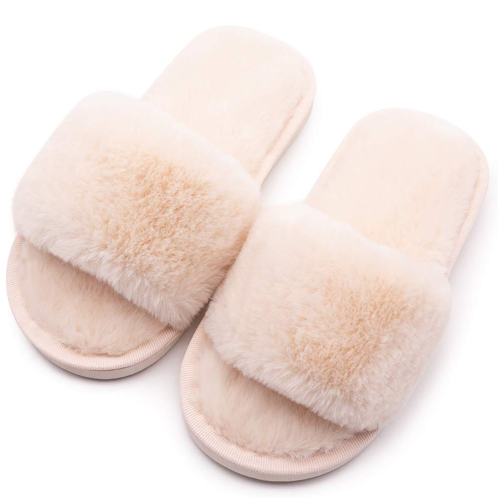 techcity Boys Girls Fuzzy House Slippers Cute Comfy Faux Fur Slip On Fluffy Plush Open Toe Home Slides for Kids Indoor Outdoor Warm Shoes