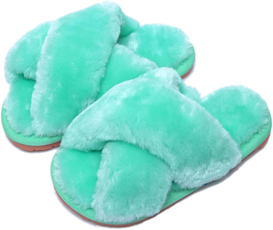 Girls Fluffy Cute Fuzzy Slippers, Open Toe Cross Band