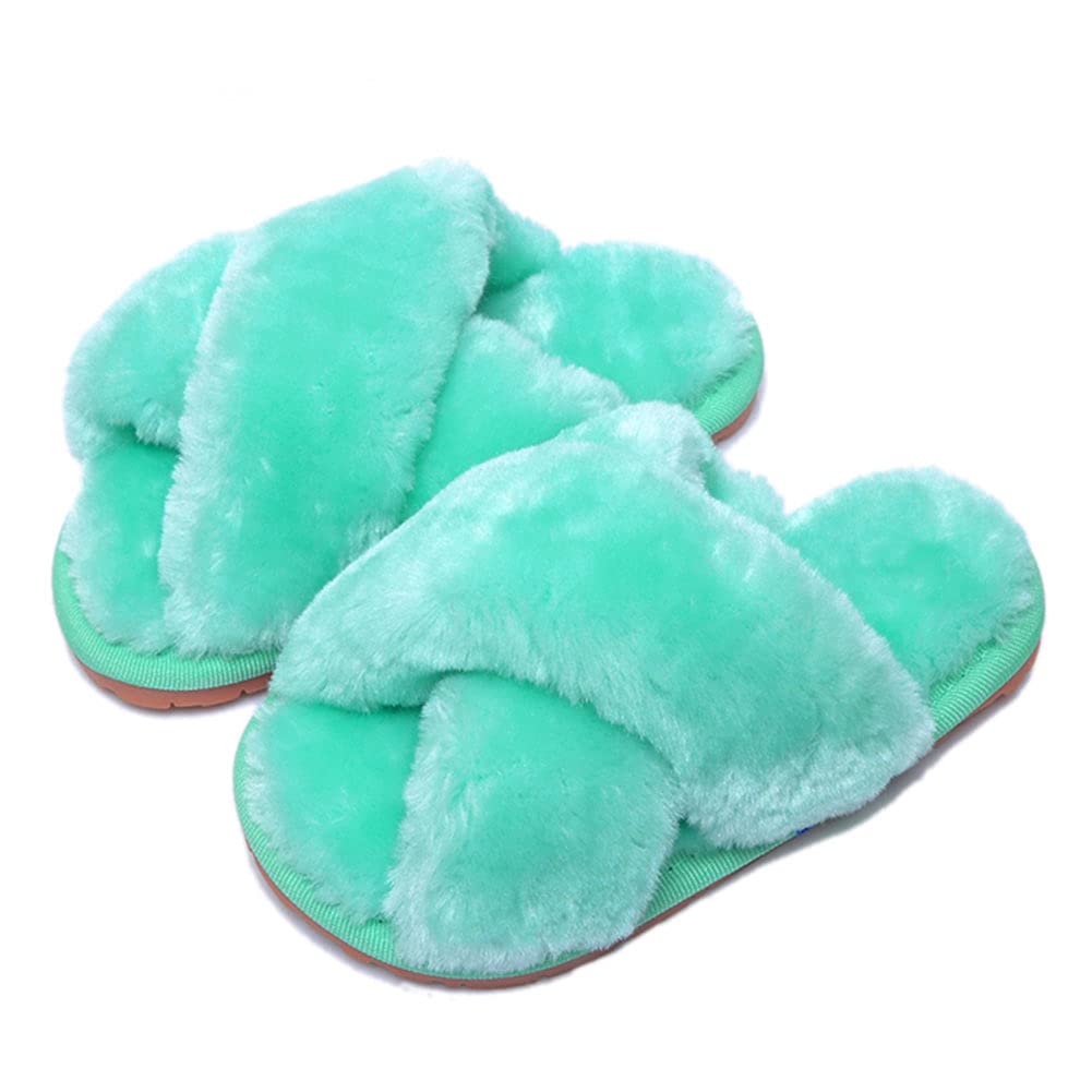 Girls Fluffy Cute Fuzzy Slippers, Open Toe Cross Band