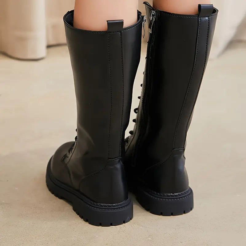 Girls' Autumn Winter Zipper High-Top Boots - Knee-Length Round Toe Boots with Contrast Stitching, Brown & Black Casual & Formal Footwear, Cowgirl Boots, Stylish Outerwear Footwear, Durable Rubber Sole
