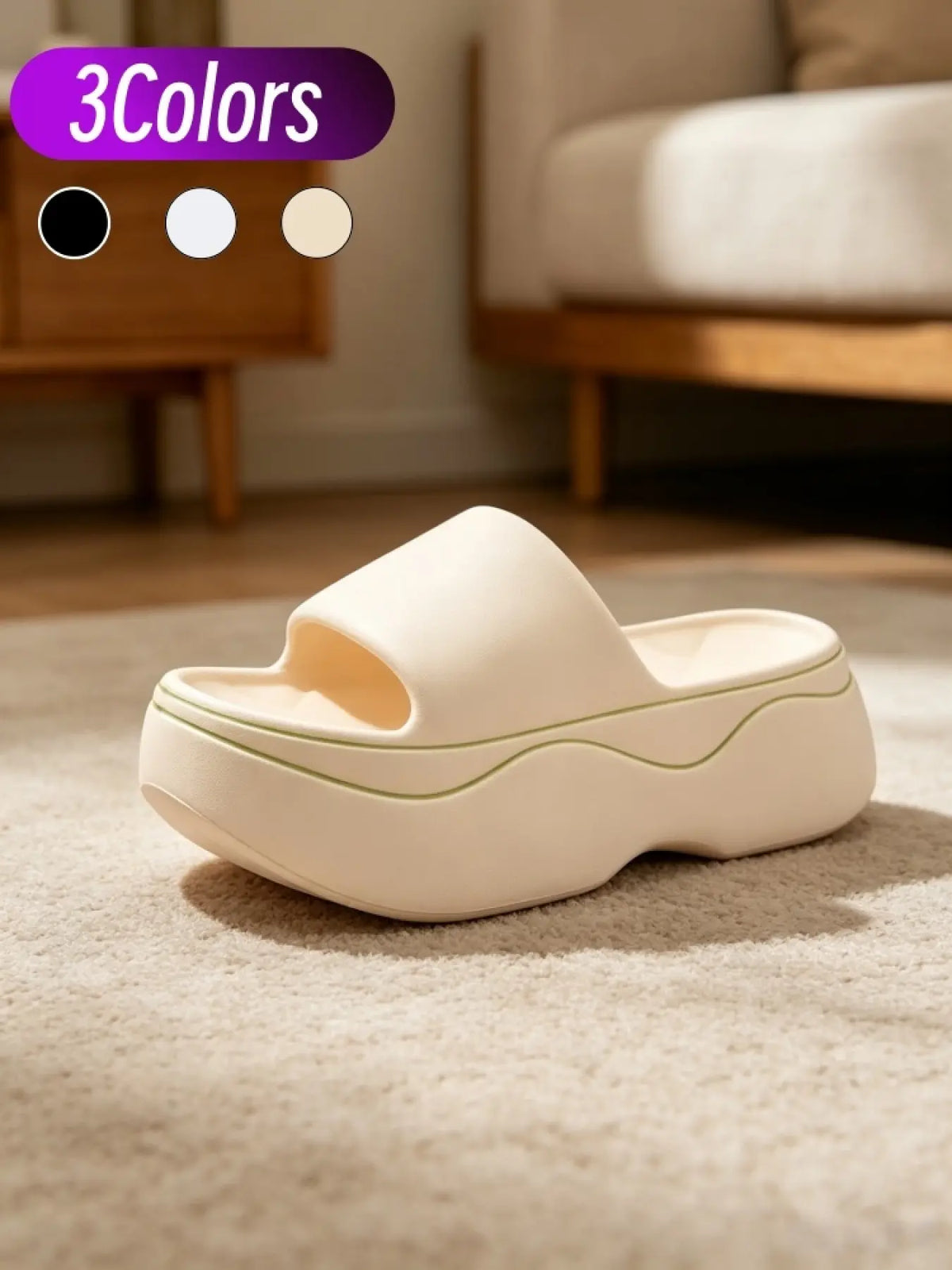 Minimalist Korean Casual Girls Platform Slides, Anti-Slip, Quick Drying Slippers, Waterproof Quick-dry EVA For Beach Use, Wide Open Toe Match Daily Outfits Easily, Thick Wavy Cushion Midsole Absorb Shock, 3D Tread Fit Outdoor Cement
