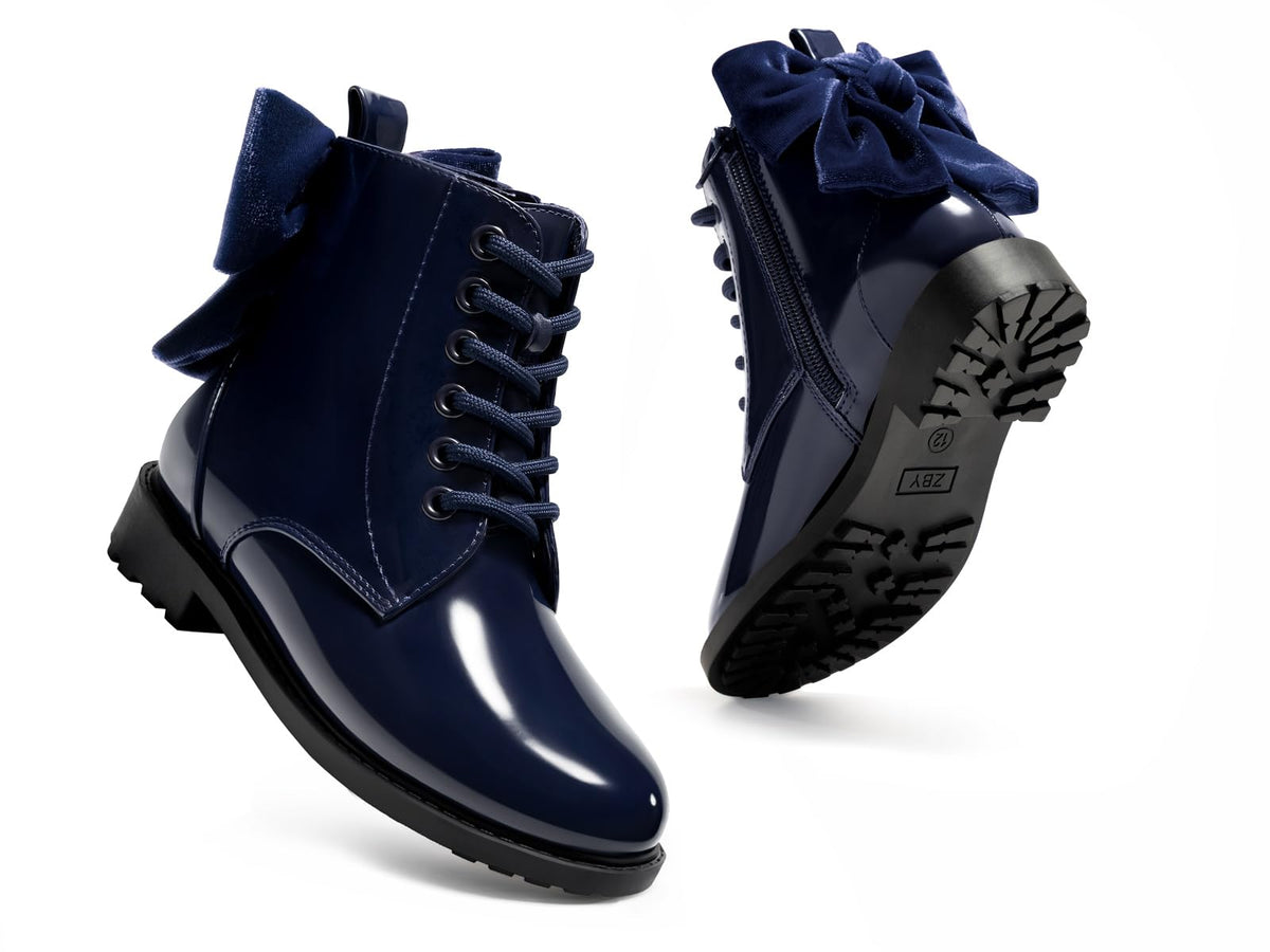 Coutgo Girls Combat Ankle Boots Bow Lace Up Side Zipper Chunky Heel Booties