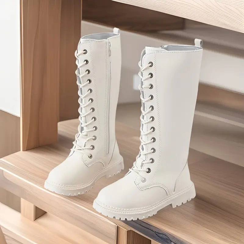 Girls' Autumn Winter Zipper High-Top Boots - Knee-Length Round Toe Boots with Contrast Stitching, Brown & Black Casual & Formal Footwear, Cowgirl Boots, Stylish Outerwear Footwear, Durable Rubber Sole