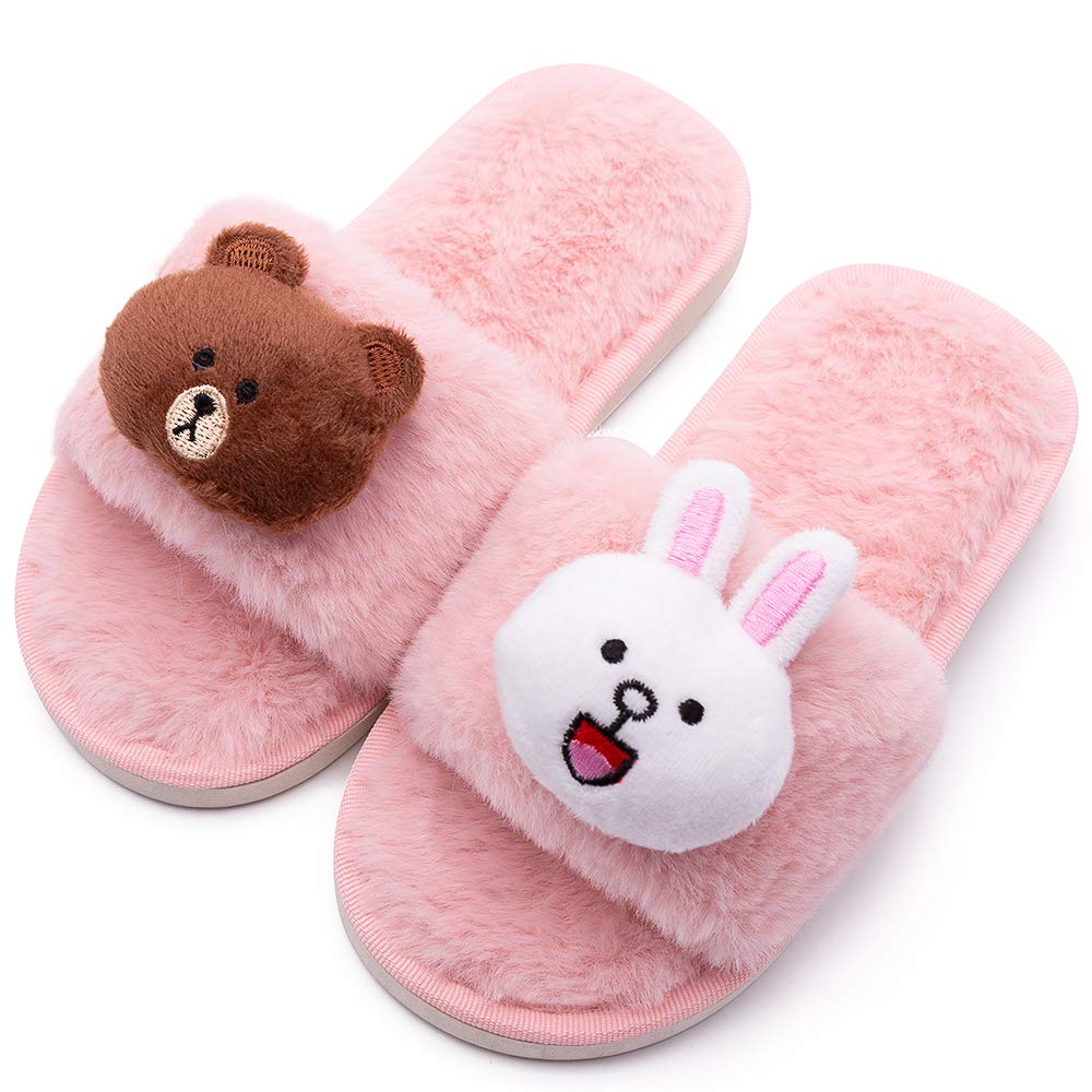 techcity Boys Girls Fuzzy House Slippers Cute Comfy Faux Fur Slip On Fluffy Plush Open Toe Home Slides for Kids Indoor Outdoor Warm Shoes