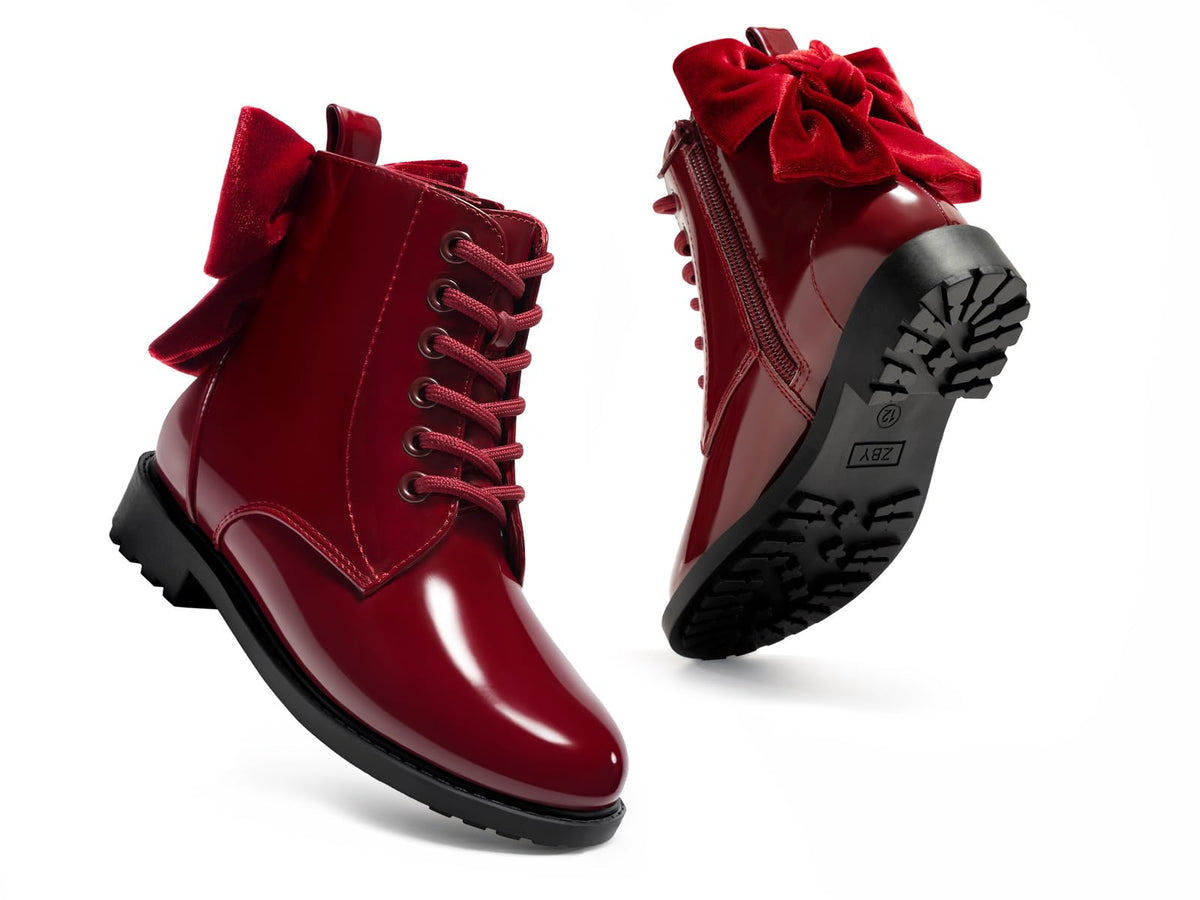 Coutgo Girls Combat Ankle Boots Bow Lace Up Side Zipper Chunky Heel Booties