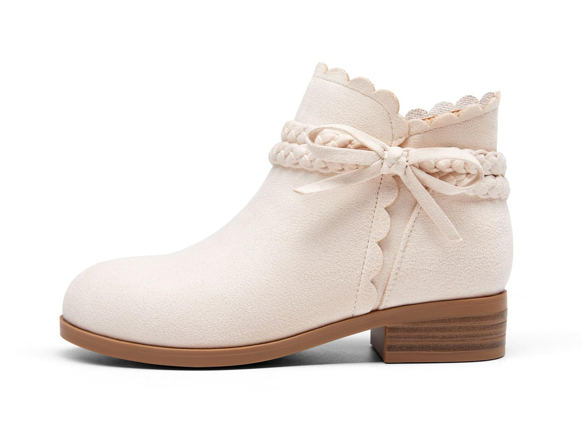 Coutgo Girls Bow Ankle Boots Low Heel Zip Booties Braided Strap Dress Shoes