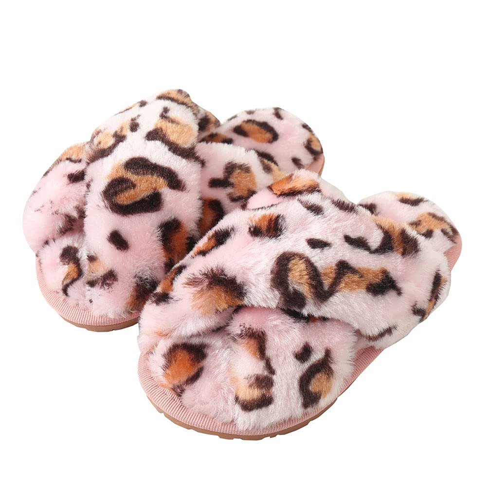 Girls Fluffy Cute Fuzzy Slippers, Open Toe Cross Band