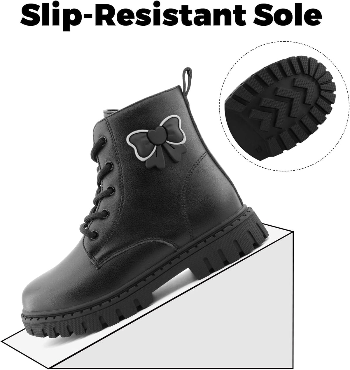 Girls Combat Boots Side Bow Detail Lace Up Side Zipper Ankle Boots