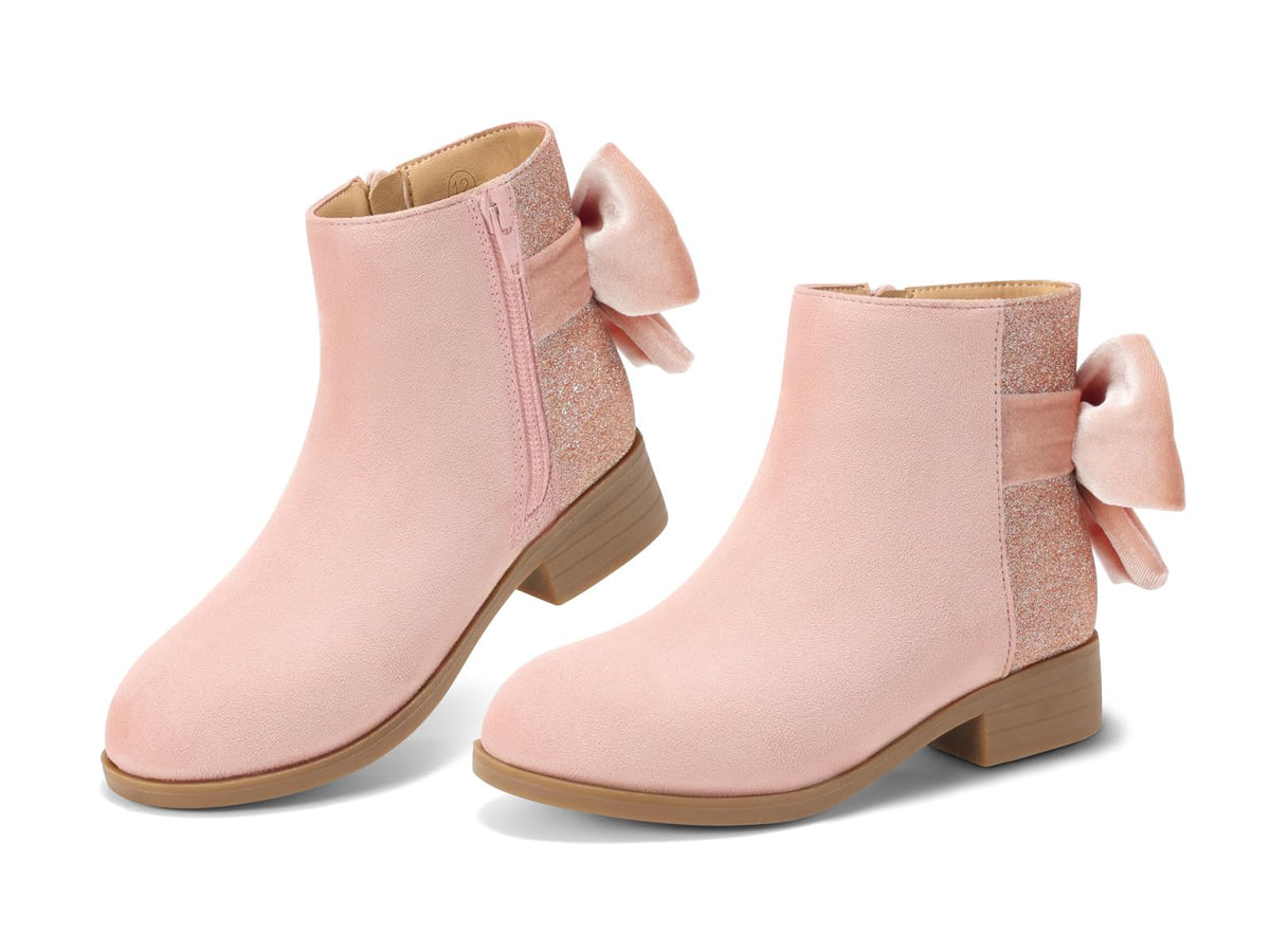 Coutgo Girls Ankle Boots Bow Glitter Chunky Low Heel Zip Dress Booties
