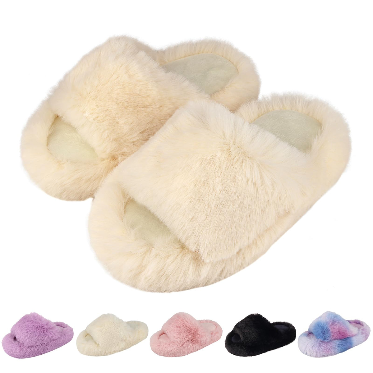 KOUECI Girls Fuzzy Plush Slippers丨Kids Open Toe Fluffy Memory Foam Slippers丨Slip on Warm Soft Furry Slides Indoor Outdoor House Shoes