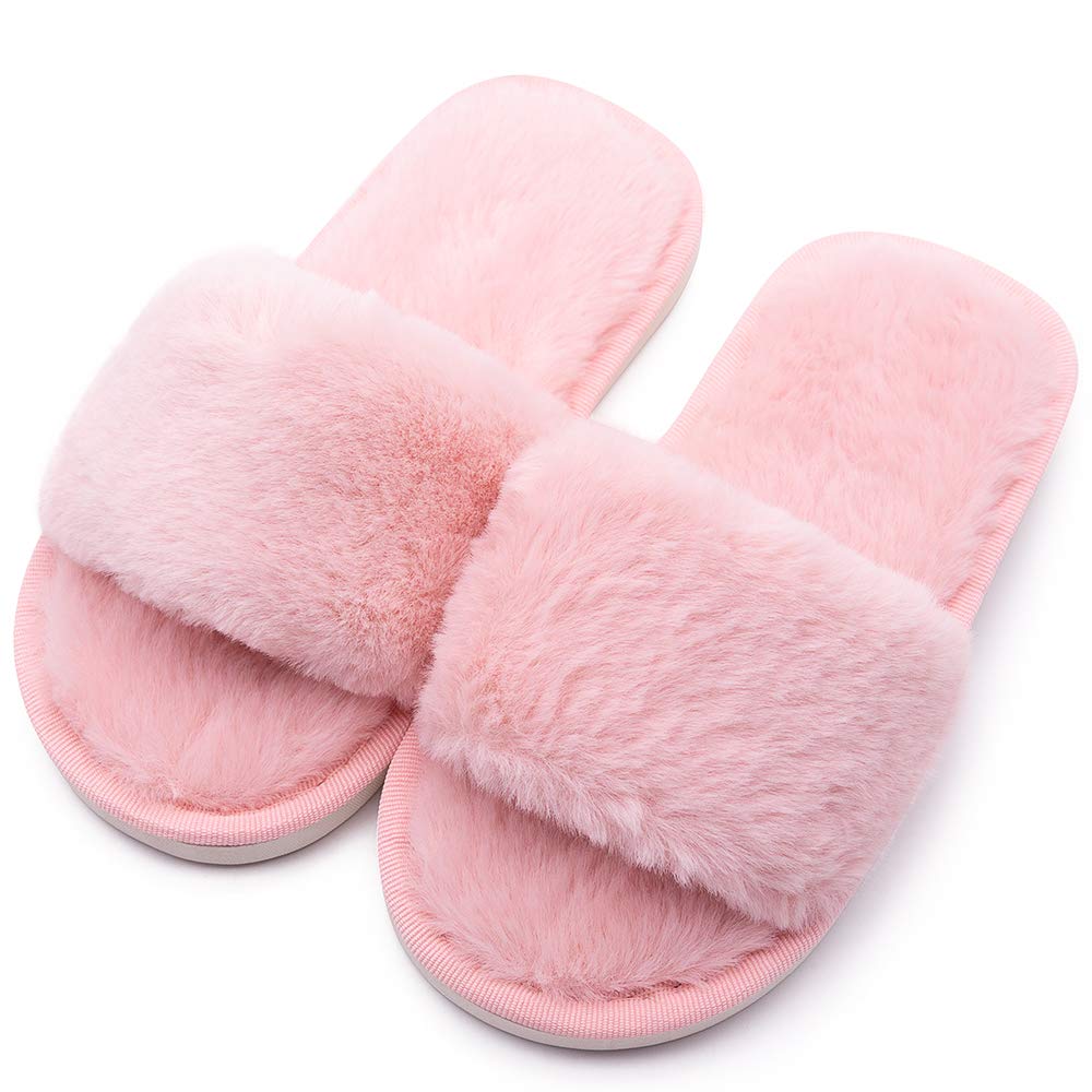 techcity Boys Girls Fuzzy House Slippers Cute Comfy Faux Fur Slip On Fluffy Plush Open Toe Home Slides for Kids Indoor Outdoor Warm Shoes