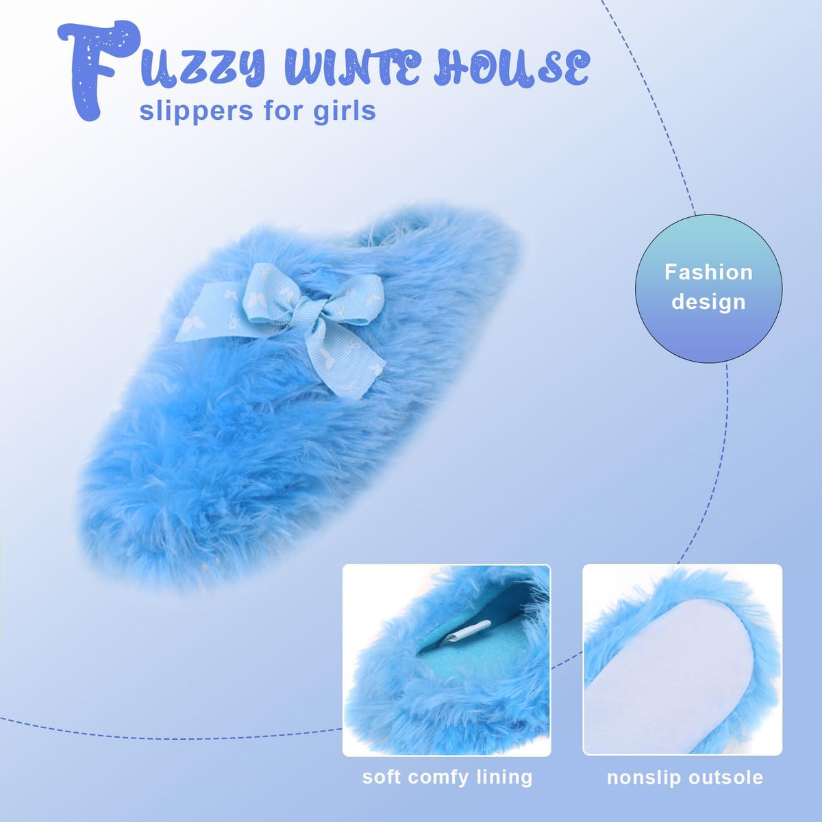 Onmygogo Girls Fuzzy Winter Indoor Slippers with Floral Bowknot, Warm Cozy Plush House Slippers for Little Big Kids Girls