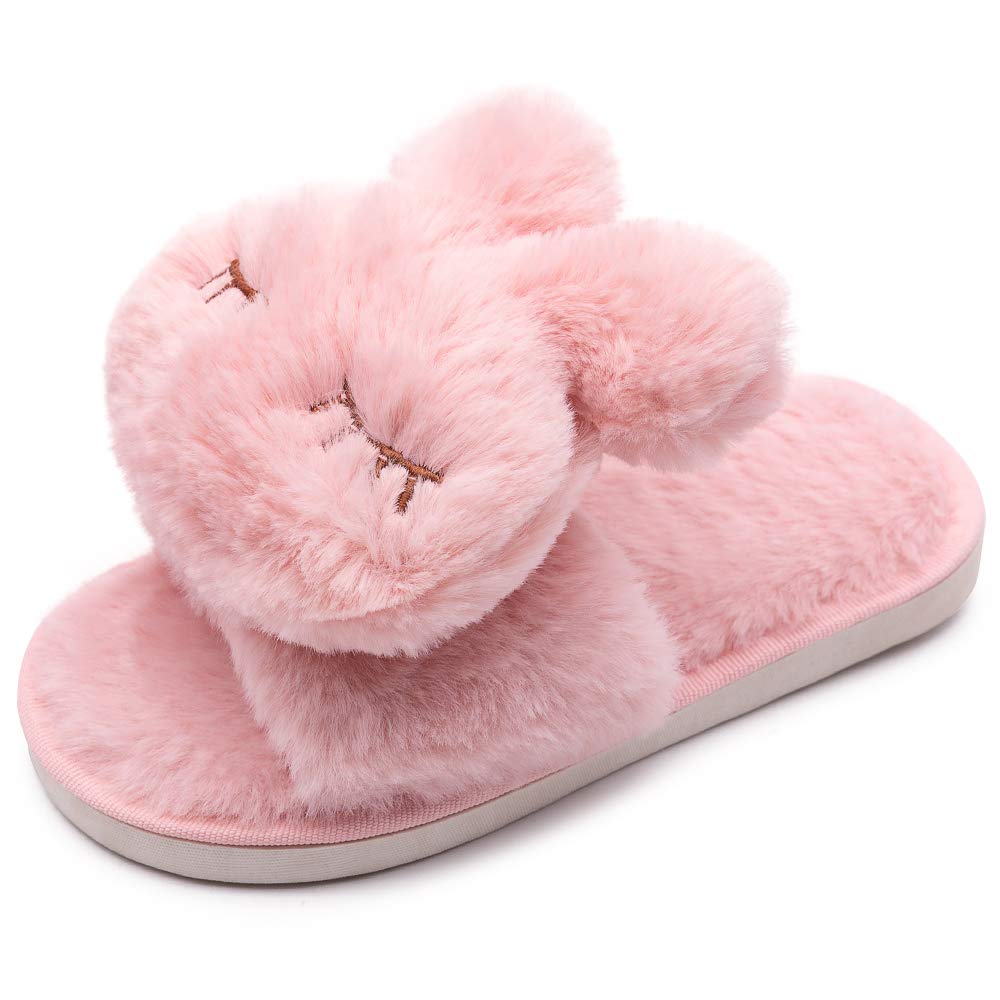 techcity Boys Girls Fuzzy House Slippers Cute Comfy Faux Fur Slip On Fluffy Plush Open Toe Home Slides for Kids Indoor Outdoor Warm Shoes