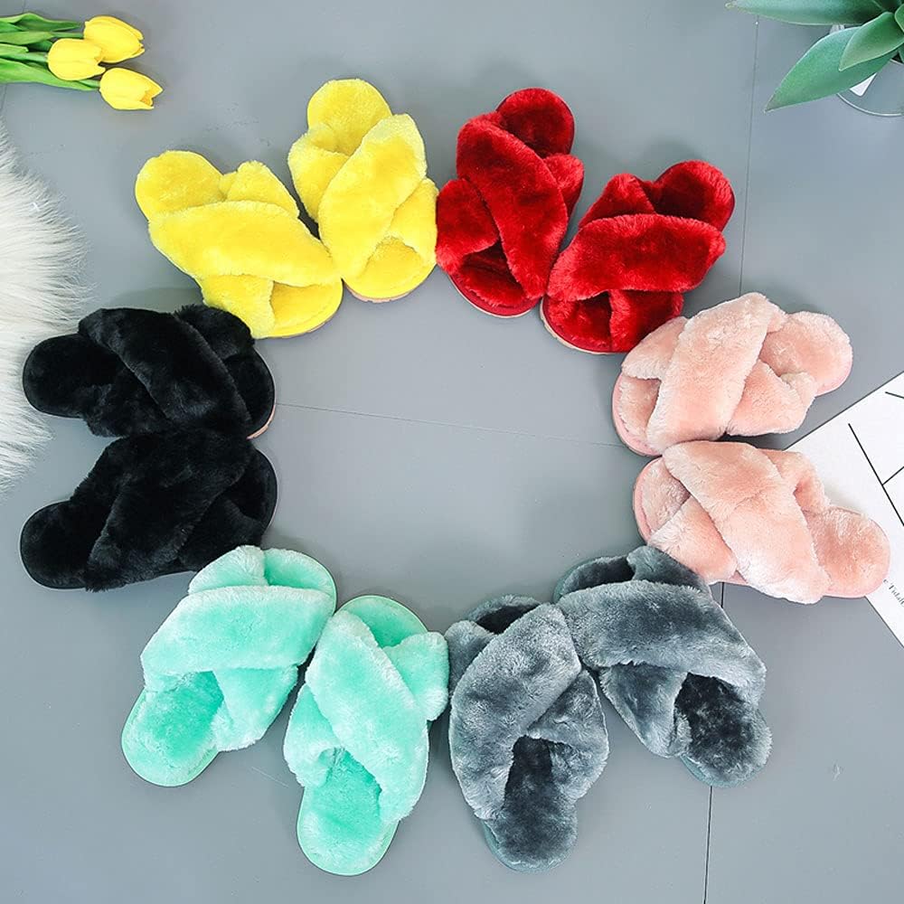 Girls Fluffy Cute Fuzzy Slippers, Open Toe Cross Band