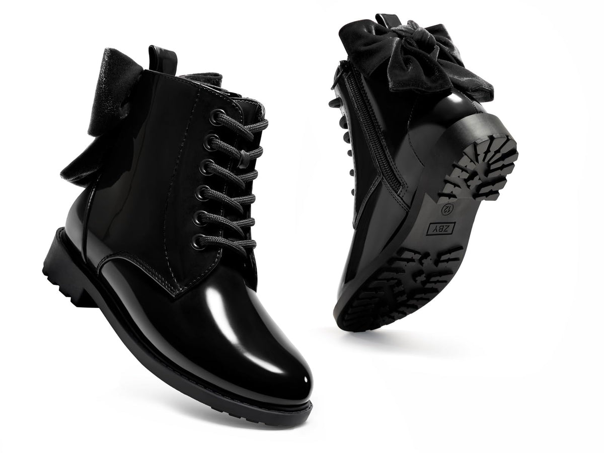 Coutgo Girls Combat Ankle Boots Bow Lace Up Side Zipper Chunky Heel Booties