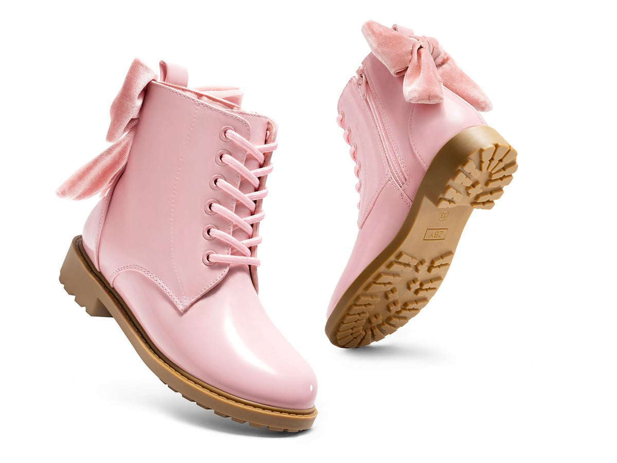 Coutgo Girls Combat Ankle Boots Bow Lace Up Side Zipper Chunky Heel Booties