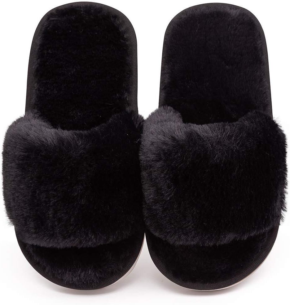 techcity Boys Girls Fuzzy House Slippers Cute Comfy Faux Fur Slip On Fluffy Plush Open Toe Home Slides for Kids Indoor Outdoor Warm Shoes