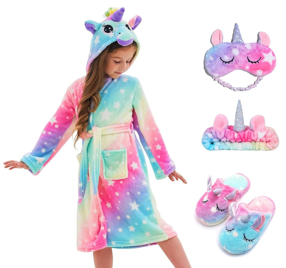 CHETOSHO Soft Unicorn Hooded Robe with Matching Slippers Headband and Blindfold for Girls