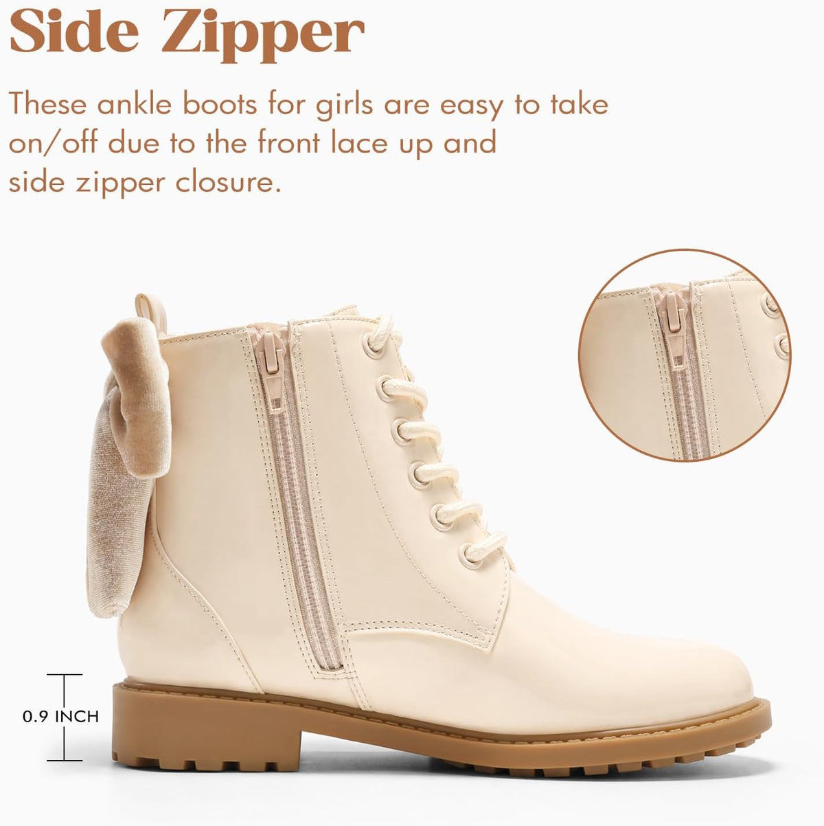 Coutgo Girls Combat Ankle Boots Bow Lace Up Side Zipper Chunky Heel Booties