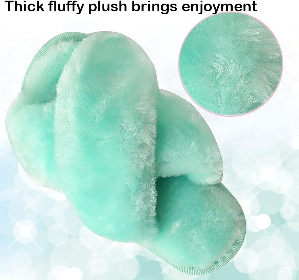 Girls Fluffy Cute Fuzzy Slippers, Open Toe Cross Band
