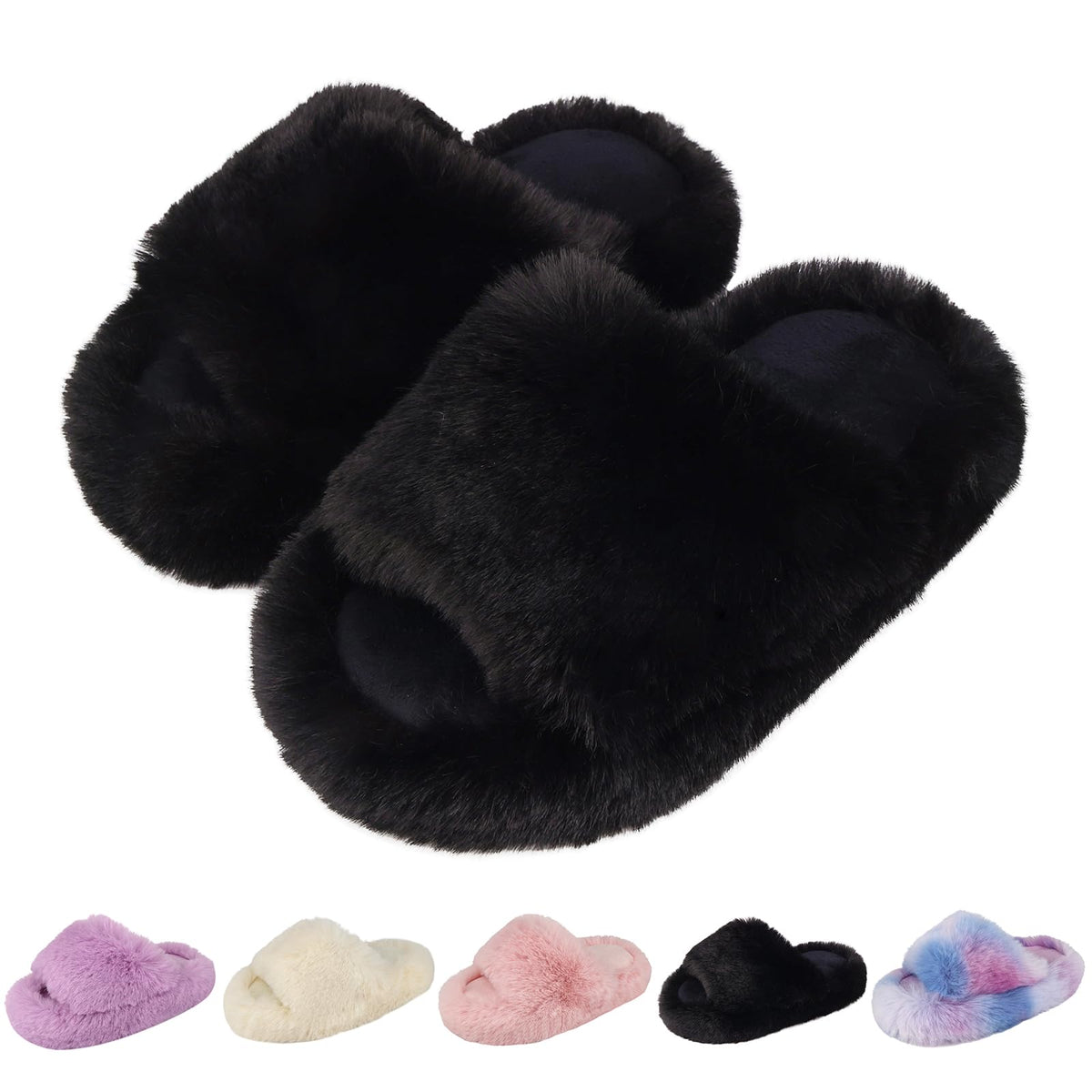 KOUECI Girls Fuzzy Plush Slippers丨Kids Open Toe Fluffy Memory Foam Slippers丨Slip on Warm Soft Furry Slides Indoor Outdoor House Shoes