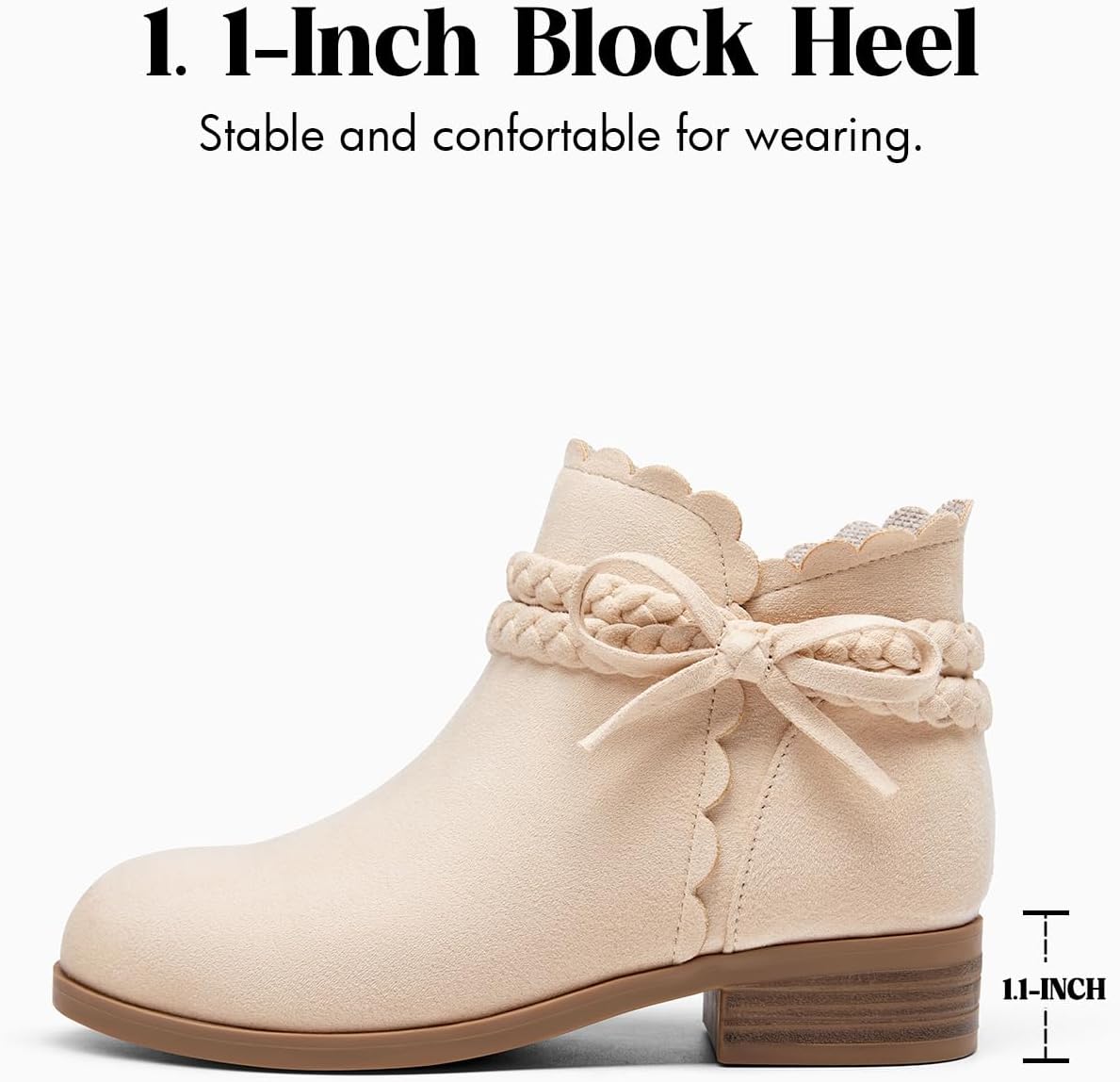Coutgo Girls Bow Ankle Boots Low Heel Zip Booties Braided Strap Dress Shoes
